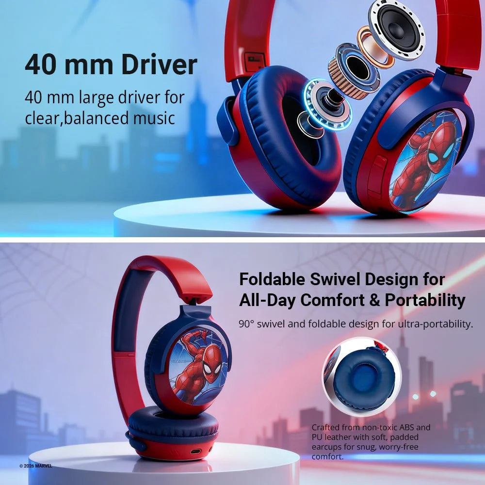Marvel Spider-Man Bluetooth headphones with swivel cups featuring 40 mm driver, foldable design and comfortable padded earcups for kids