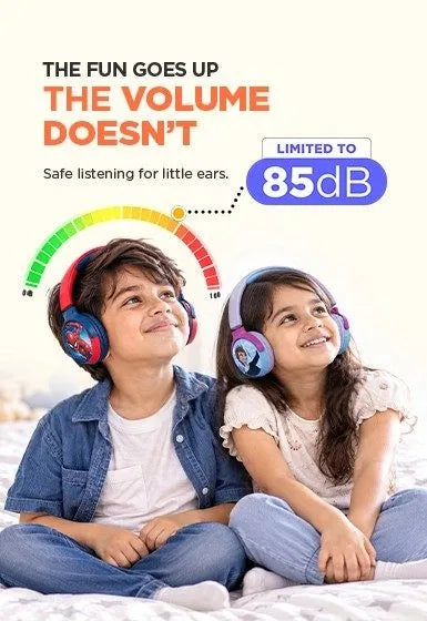 MYANT website banner featuring kids wearing Marvel Spider-Man and Disney Frozen headphones with 85 dB safe listening